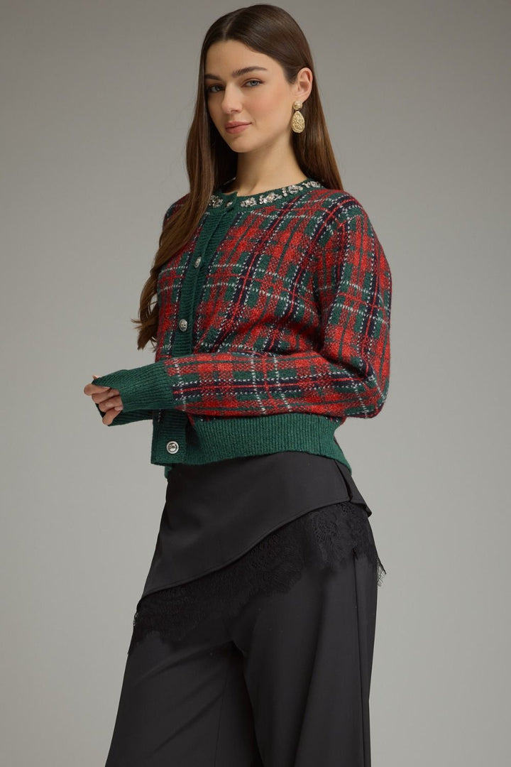 Jingle Jewels Plaid Cardigan in red and green plaid, three-quarter front view
