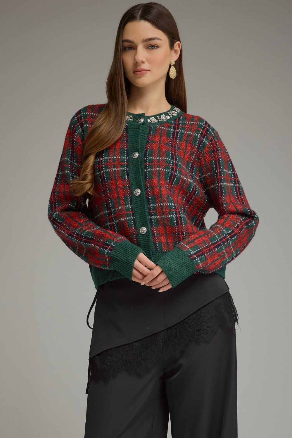 Jingle Jewels Plaid Cardigan in red and green plaid with jeweled neckline, front view