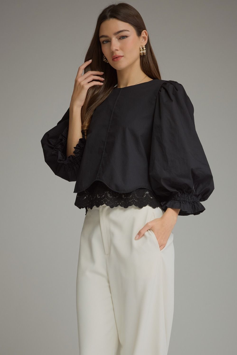 Juliette Lace Hem Top in Black by Entro, view 2