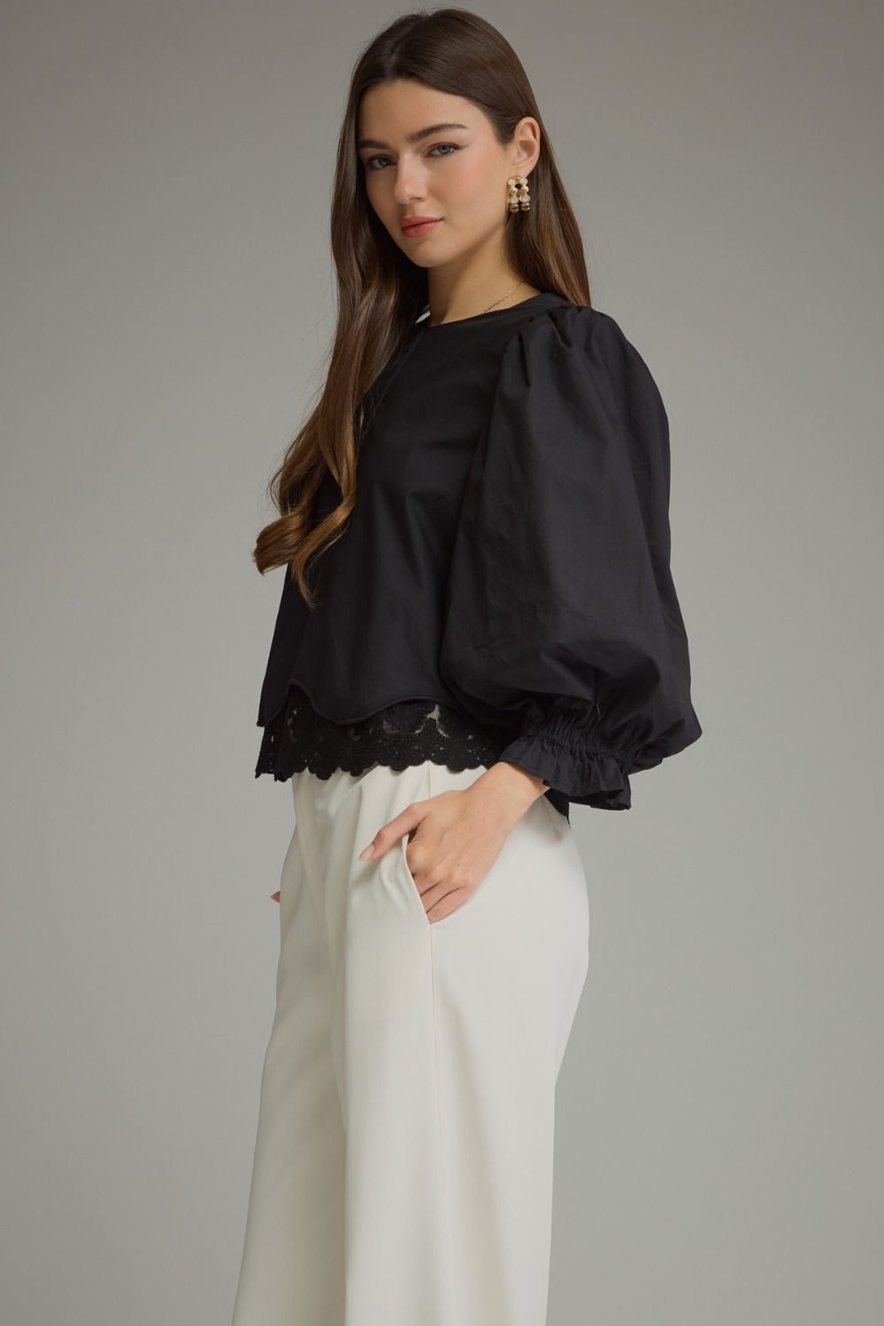 Juliette Lace Hem Top in Black by Entro, view 3