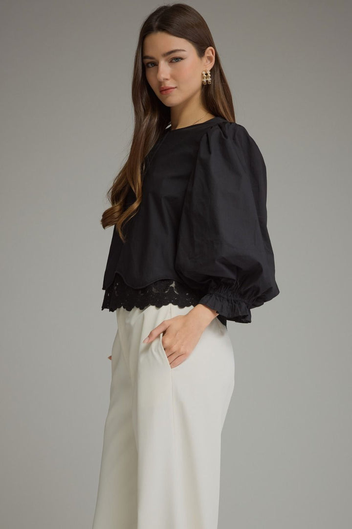 Juliette Lace Hem Top in Black by Entro, view 3