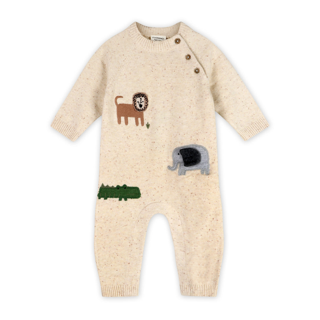 Jungle Friends Baby Jumpsuit in oatmeal organic cotton knit with embroidered safari animals