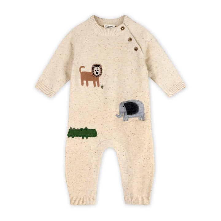 Jungle Friends Baby Jumpsuit in oatmeal organic cotton knit with embroidered safari animals