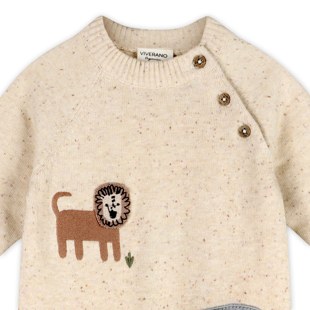 Embroidered lion, elephant, and alligator on oatmeal baby knit jumpsuit