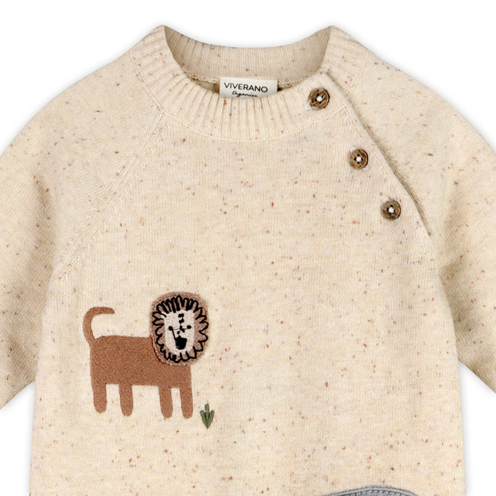 Embroidered lion, elephant, and alligator on oatmeal baby knit jumpsuit