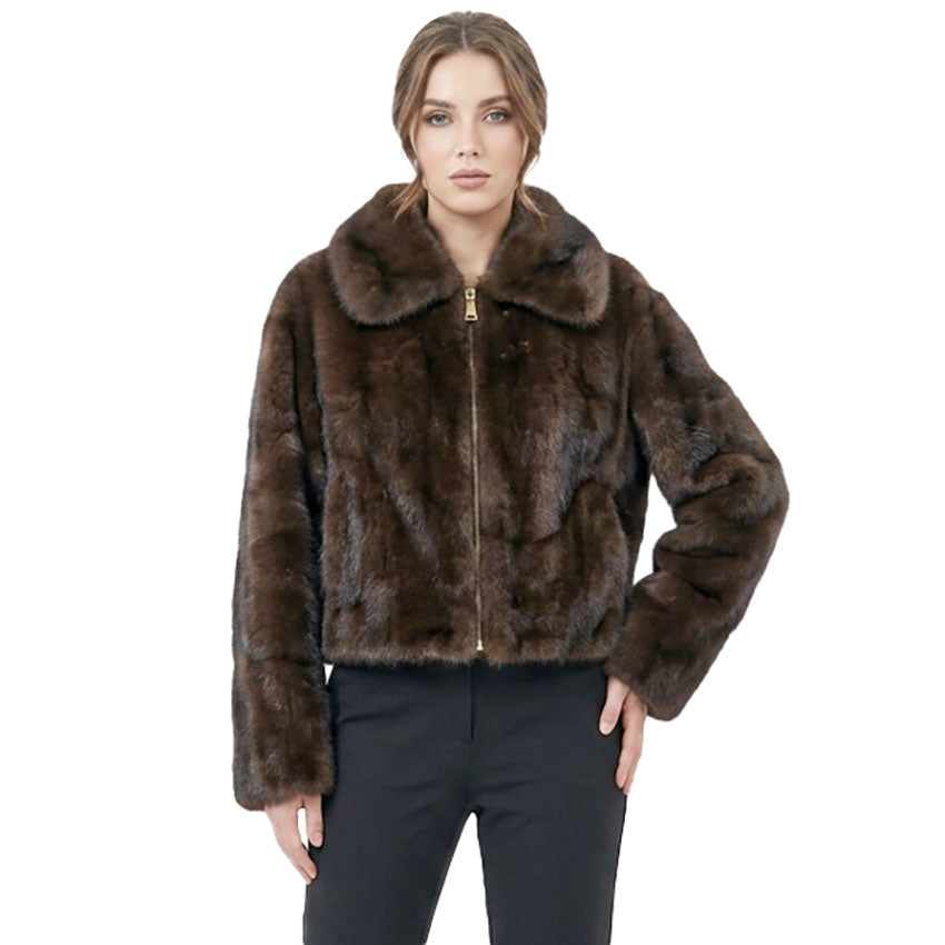 Knockout Faux Fur Bomber in Coffee, cropped collared faux fur bomber jacket