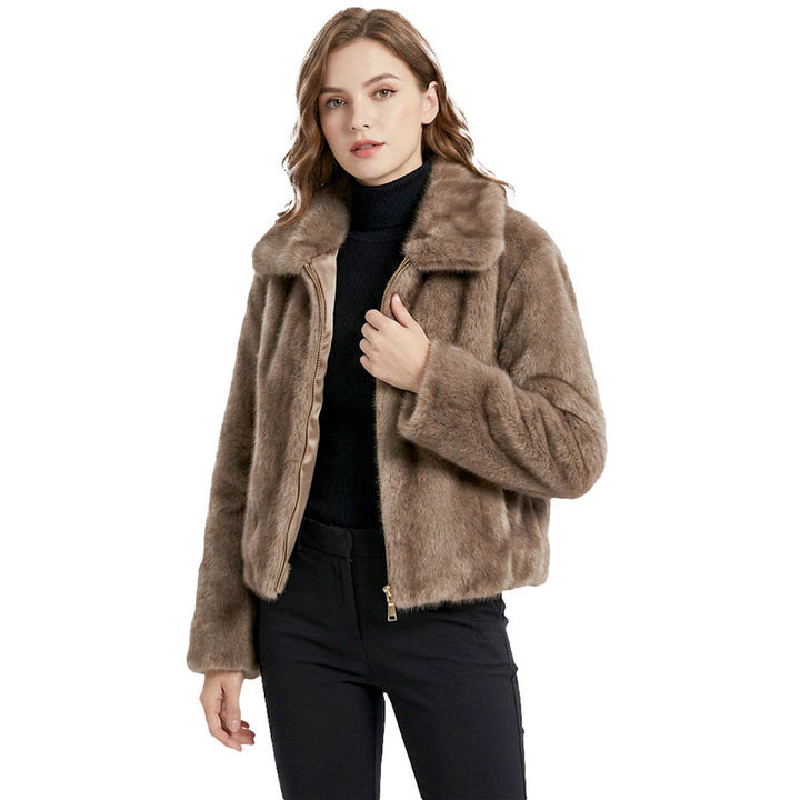Knockout Faux Fur Bomber in Taupe, cropped collared faux fur bomber jacket