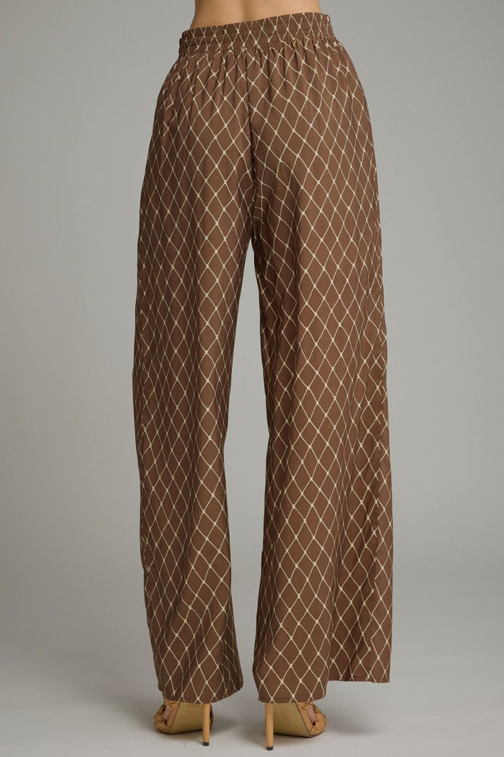 Lattice Wide Leg Pant in brown lattice print, back view