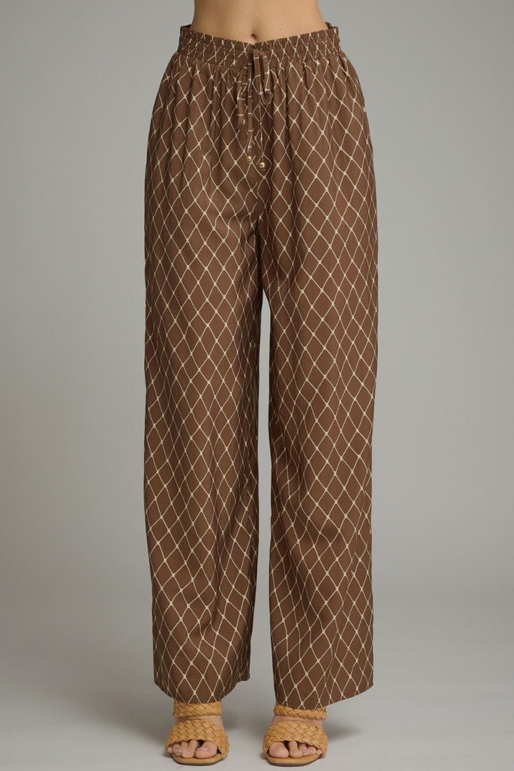 Lattice Wide Leg Pant in brown lattice print, front view
