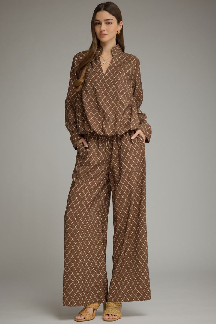 Lattice Wide Leg Pant in brown lattice print, full-length view styled with matching top