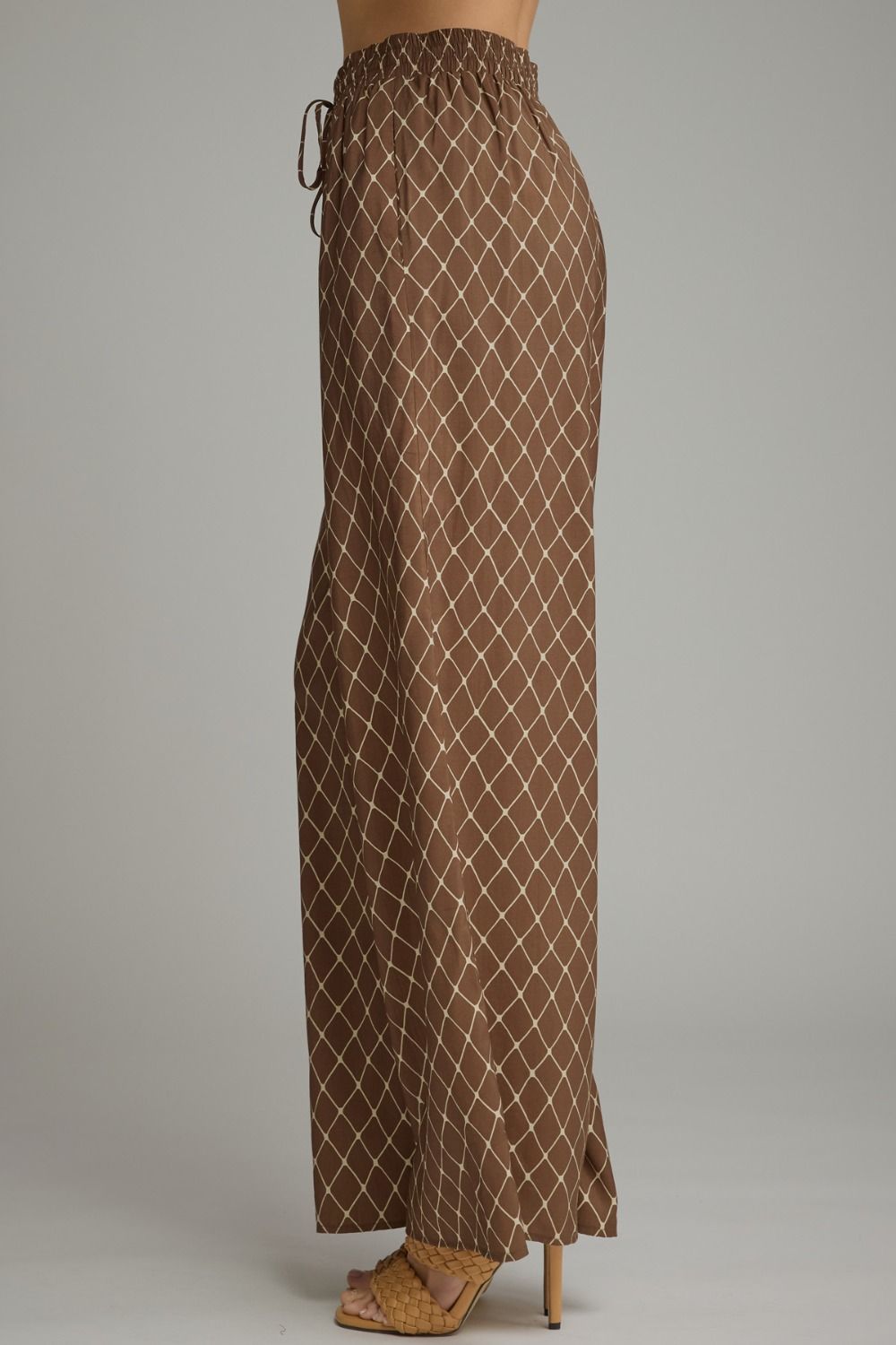 Lattice Wide Leg Pant in brown lattice print, side view showing drawstring waist