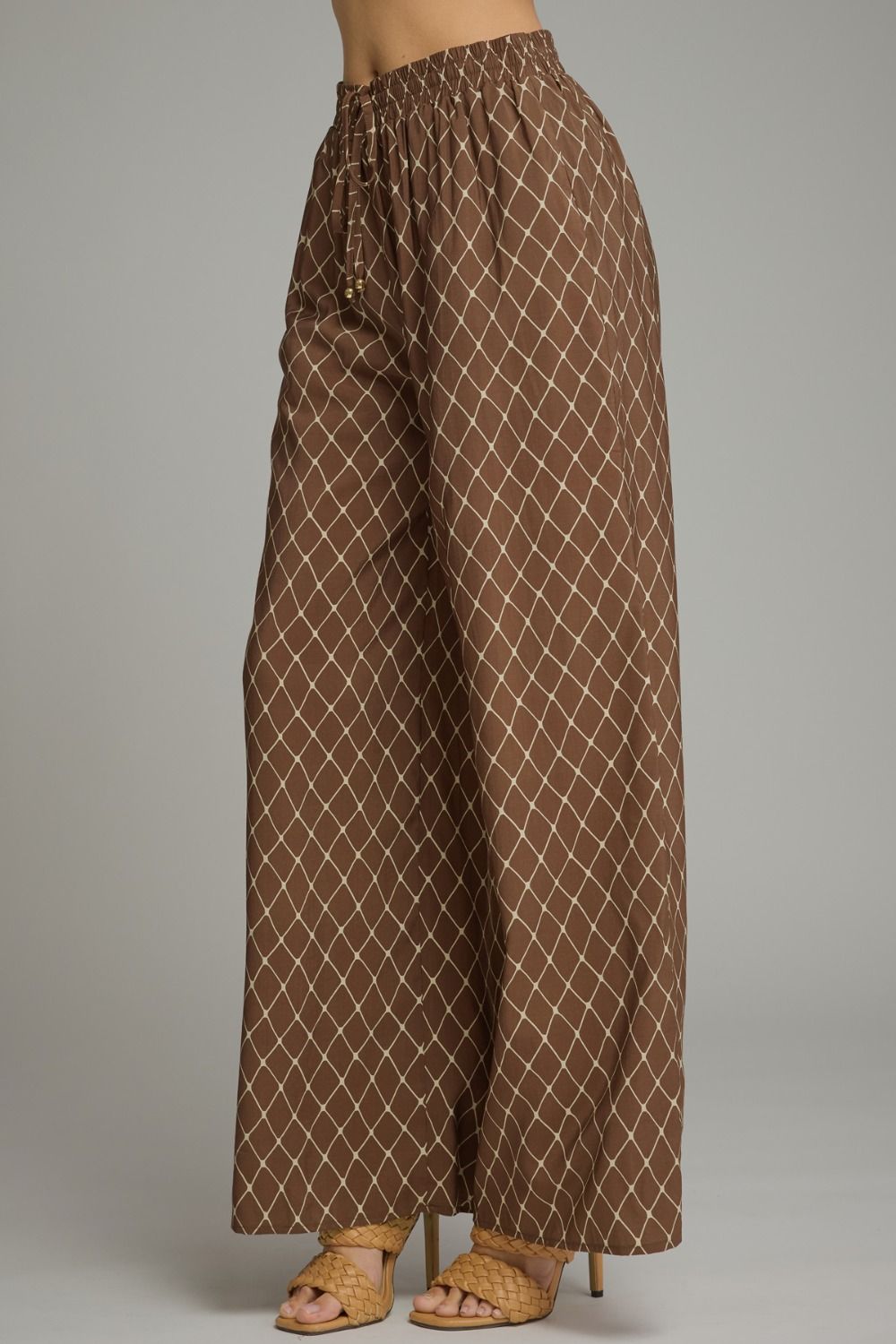 Lattice Wide Leg Pant in brown lattice print, three-quarter view