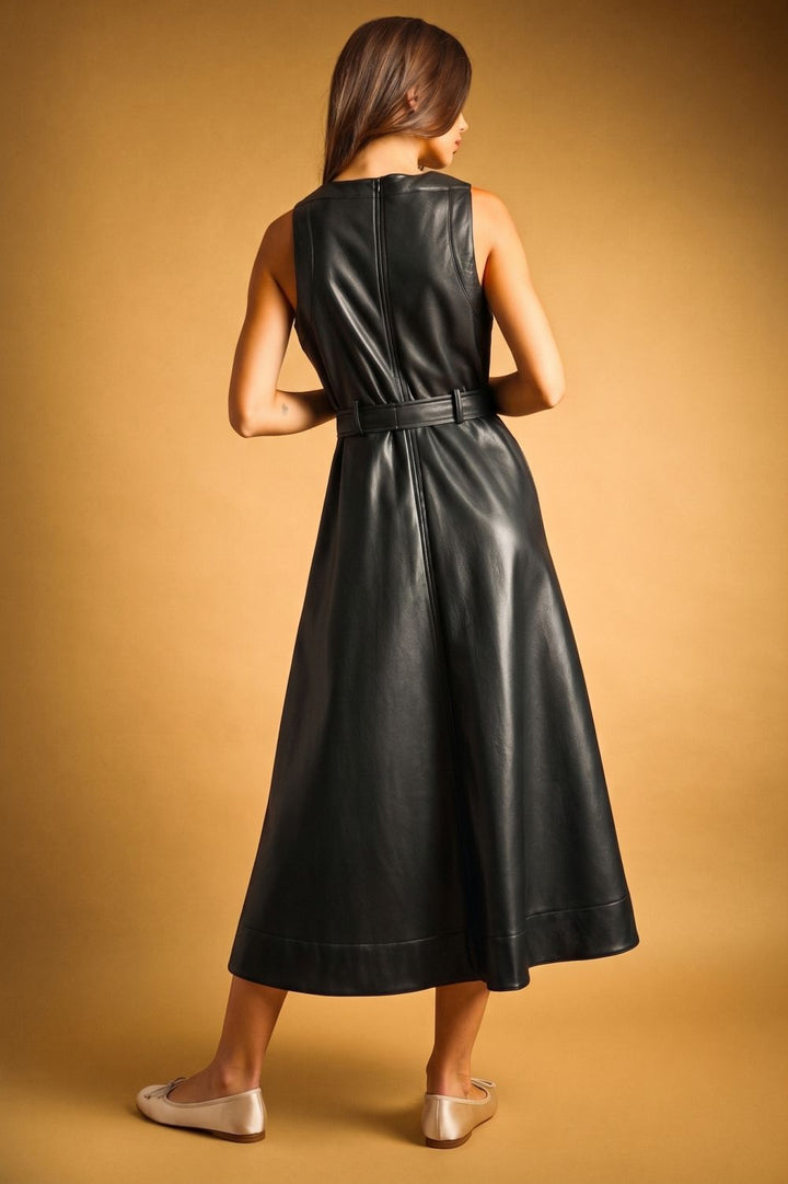 Laurel Belted Faux Leather Dress in black, back view