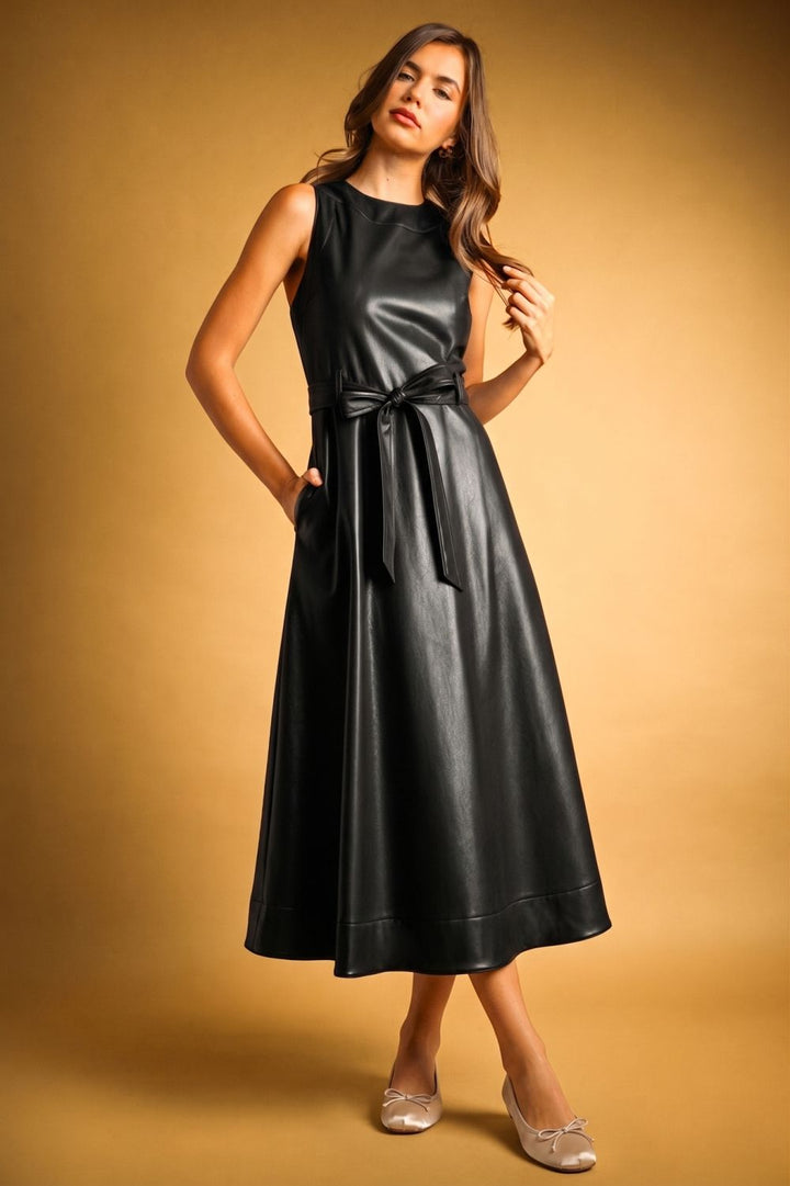 Laurel Belted Faux Leather Dress in black, front view