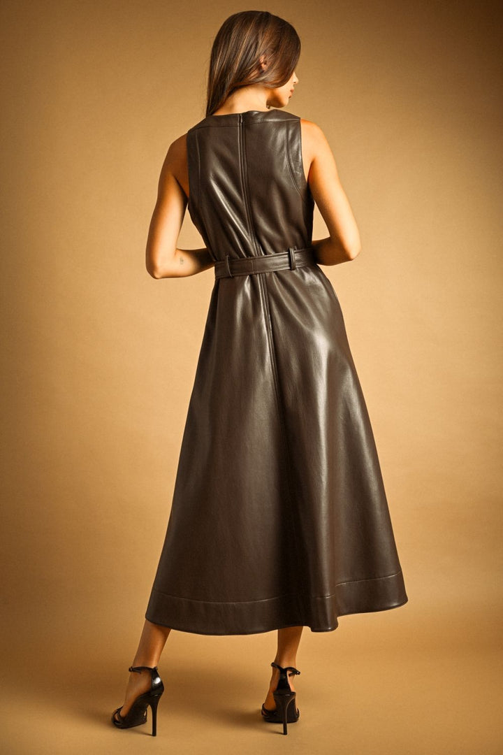 Laurel Belted Faux Leather Dress in mocha, back view
