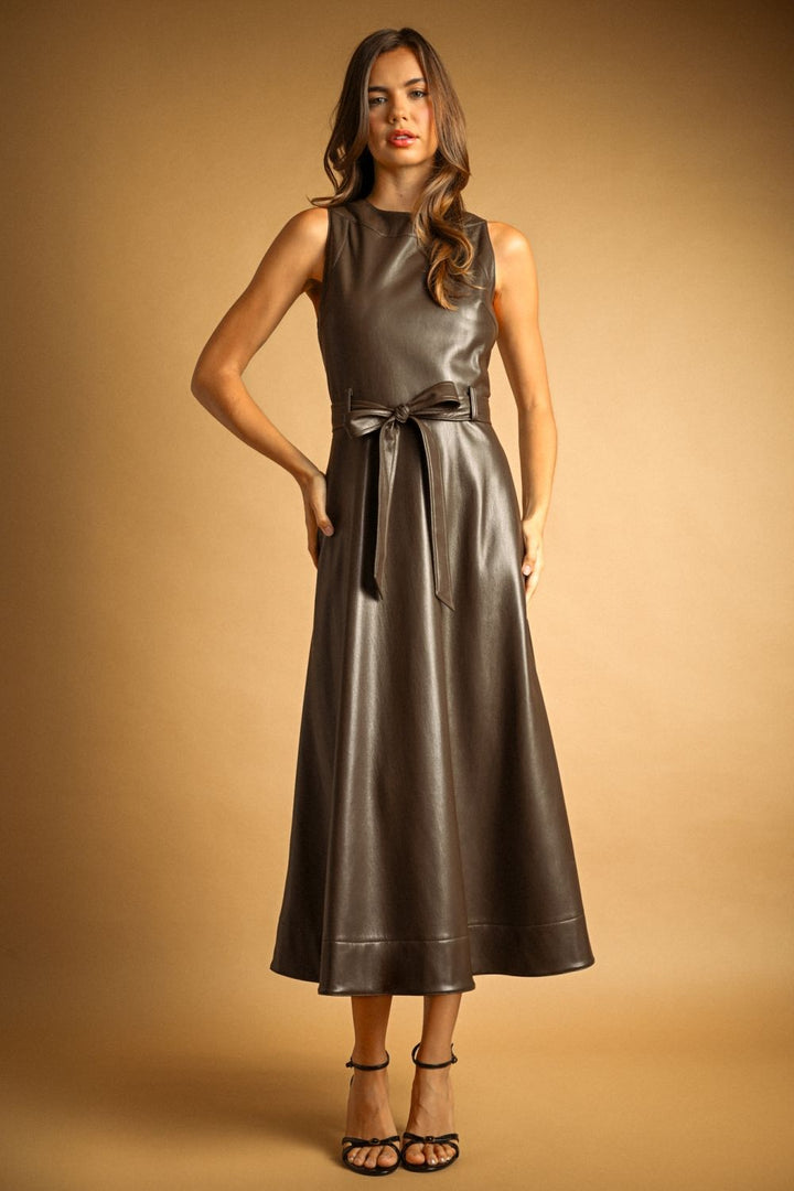 Laurel Belted Faux Leather Dress in mocha, front view