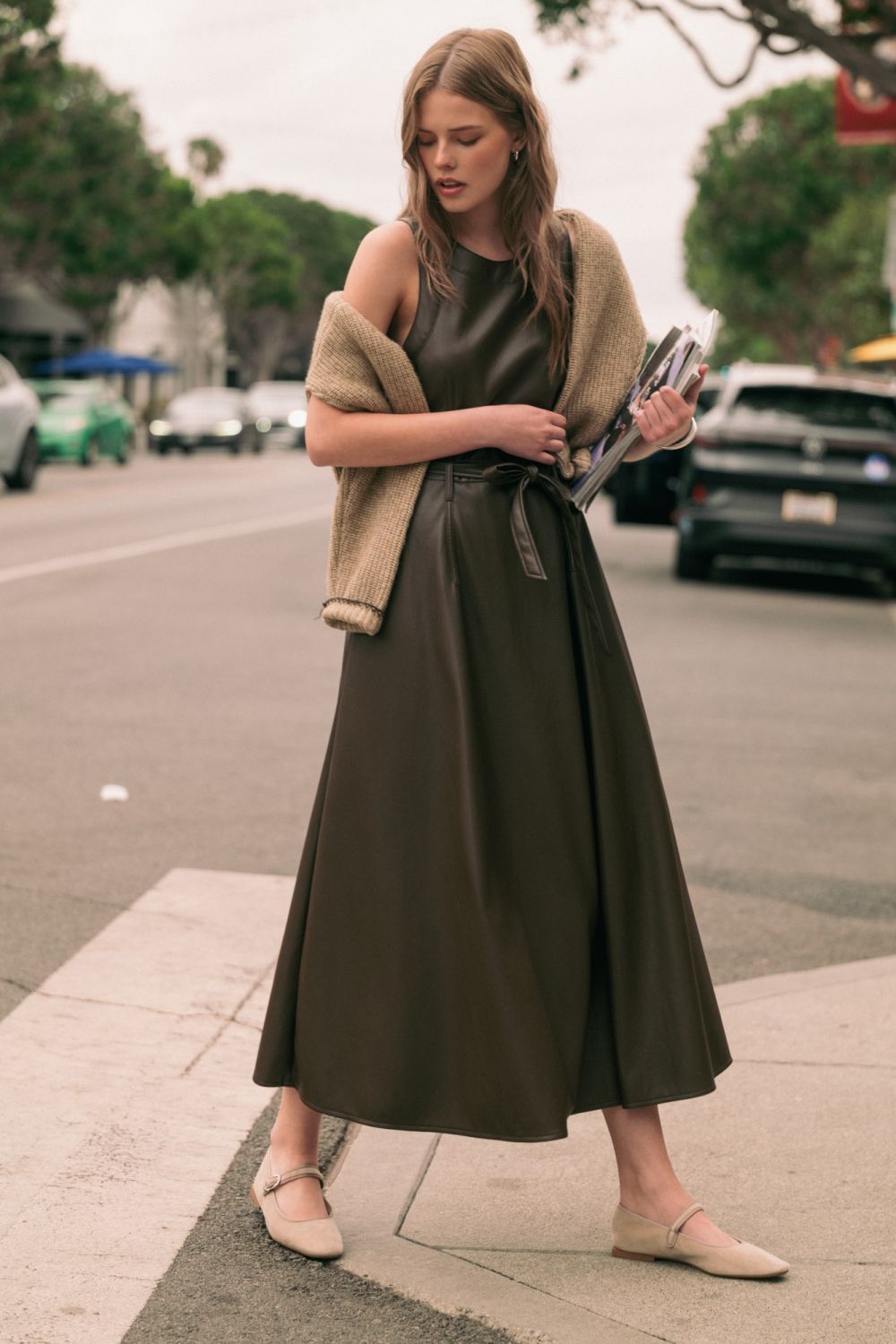 Laurel Belted Faux Leather Dress in mocha, full-length lifestyle view with belted waist