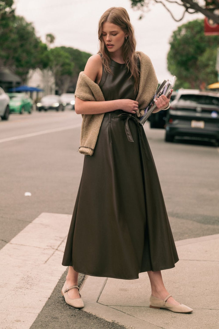 Laurel Belted Faux Leather Dress in mocha, full-length lifestyle view with belted waist