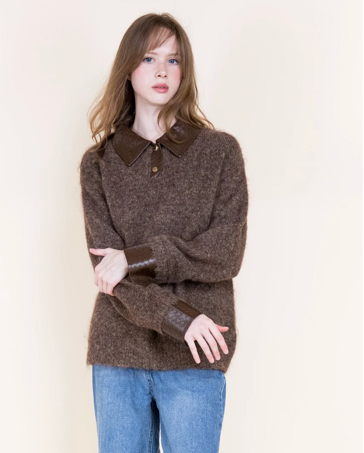 Leather Trim Polo Sweater by Original