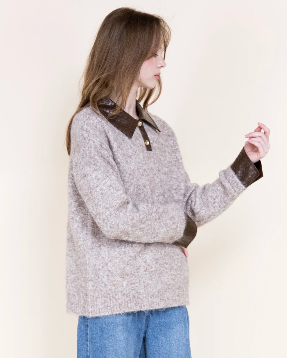 Leather trim polo sweater from Original at Just Girls Boutique