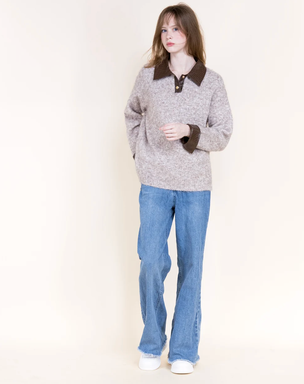 Leather Trim Polo Sweater for women