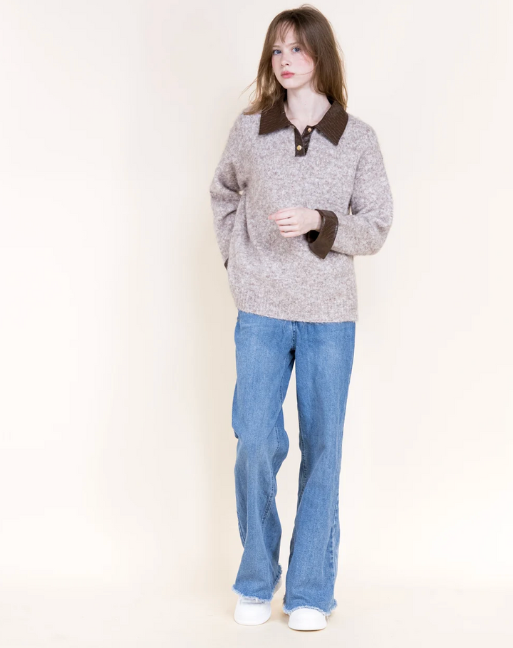 Leather Trim Polo Sweater for women