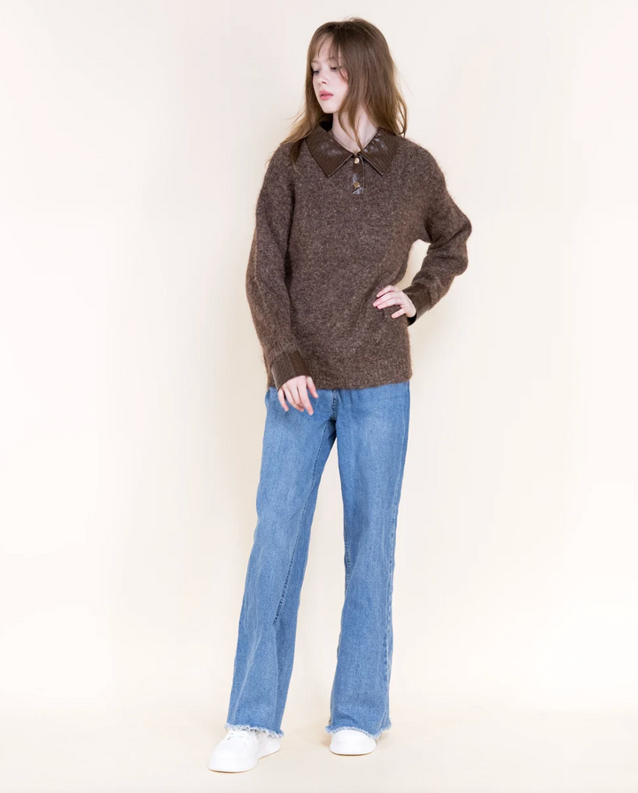 Leather trim polo sweater from Original at Just Girls Boutique - view 8
