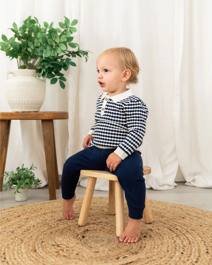 Leo Polo Baby Pullover &amp; Pant set in navy and cream textured organic cotton knit