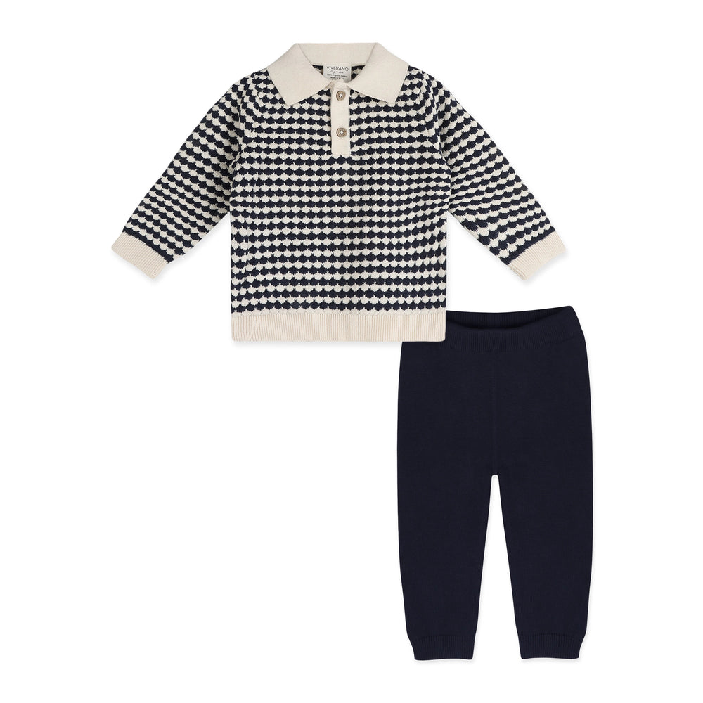 Navy and cream wavy knit baby polo pullover with cream collar and cuffs