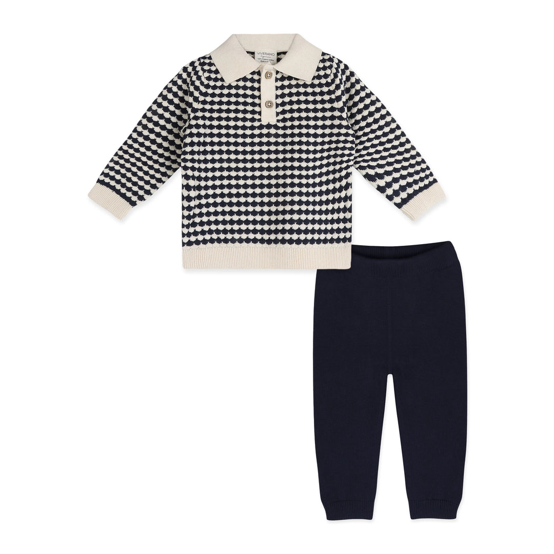 Navy and cream wavy knit baby polo pullover with cream collar and cuffs