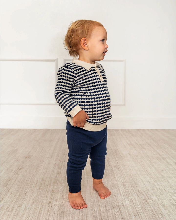 Cream polo collar detail on the Leo Polo Baby Pullover