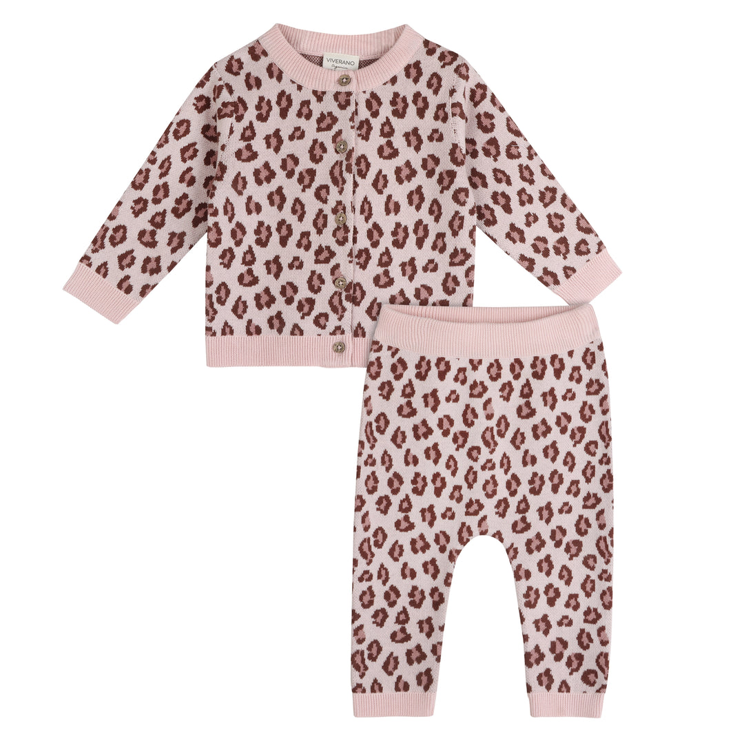 Leopard Baby Knit Cardigan &amp; Pants set in sweet pink organic cotton knit
