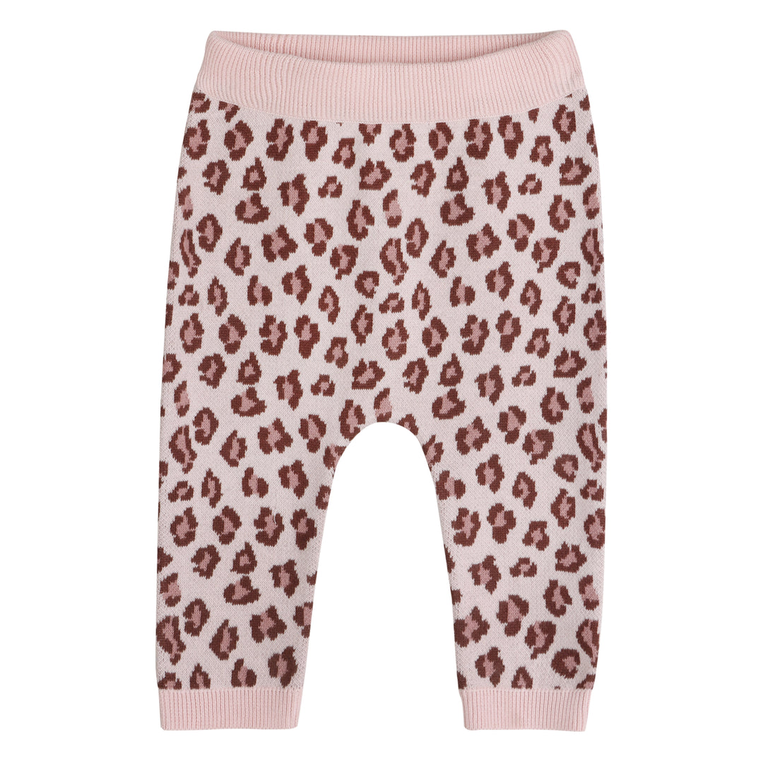 Pink leopard print knit baby cardigan with coordinating pants