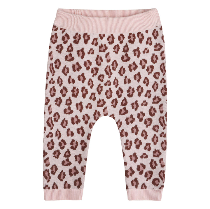 Pink leopard print knit baby cardigan with coordinating pants