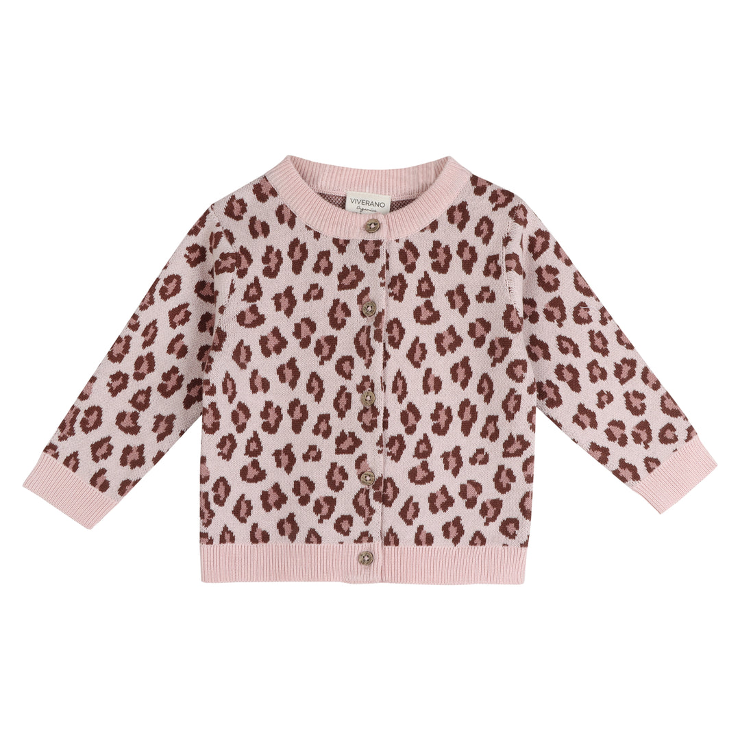 Sweet pink leopard knit baby cardigan and pant set by Viverano