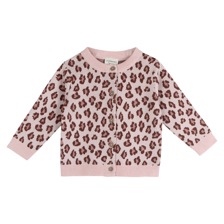 Sweet pink leopard knit baby cardigan and pant set by Viverano