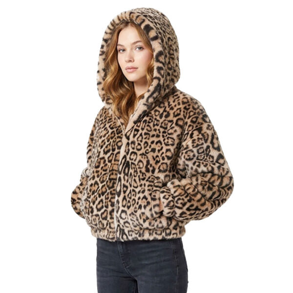 Leopard Faux Fur Coat in Camel, hooded leopard print faux fur jacket