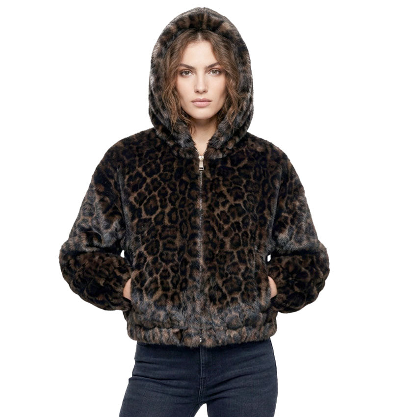 Leopard Faux Fur Coat in Coffee, hooded leopard print faux fur jacket