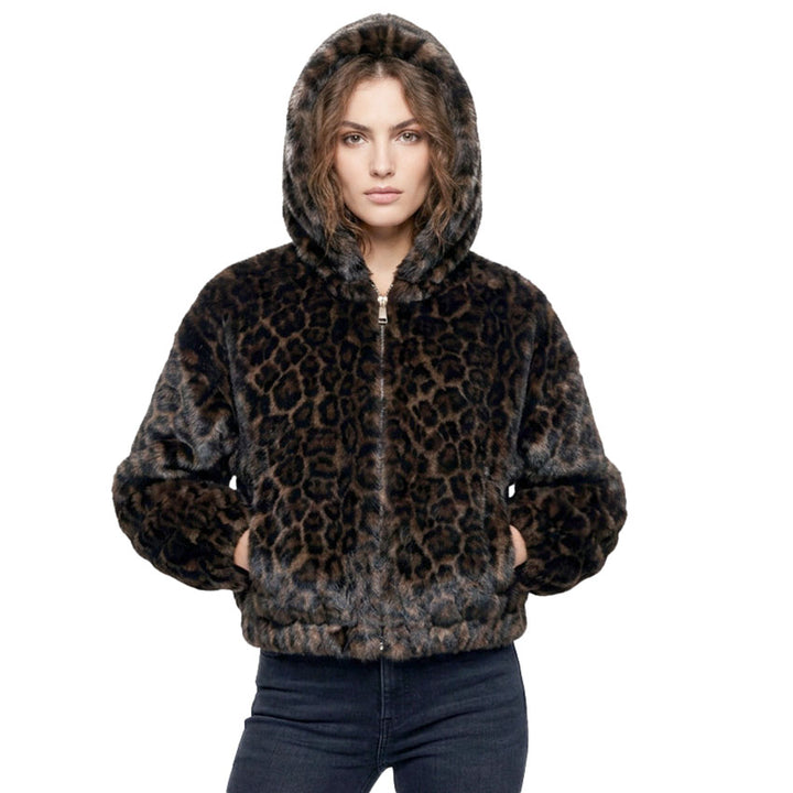 Leopard Faux Fur Coat in Coffee, hooded leopard print faux fur jacket