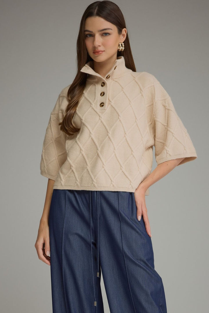 Liesel Cable Sweater in ecru, front view styled with wide-leg pants