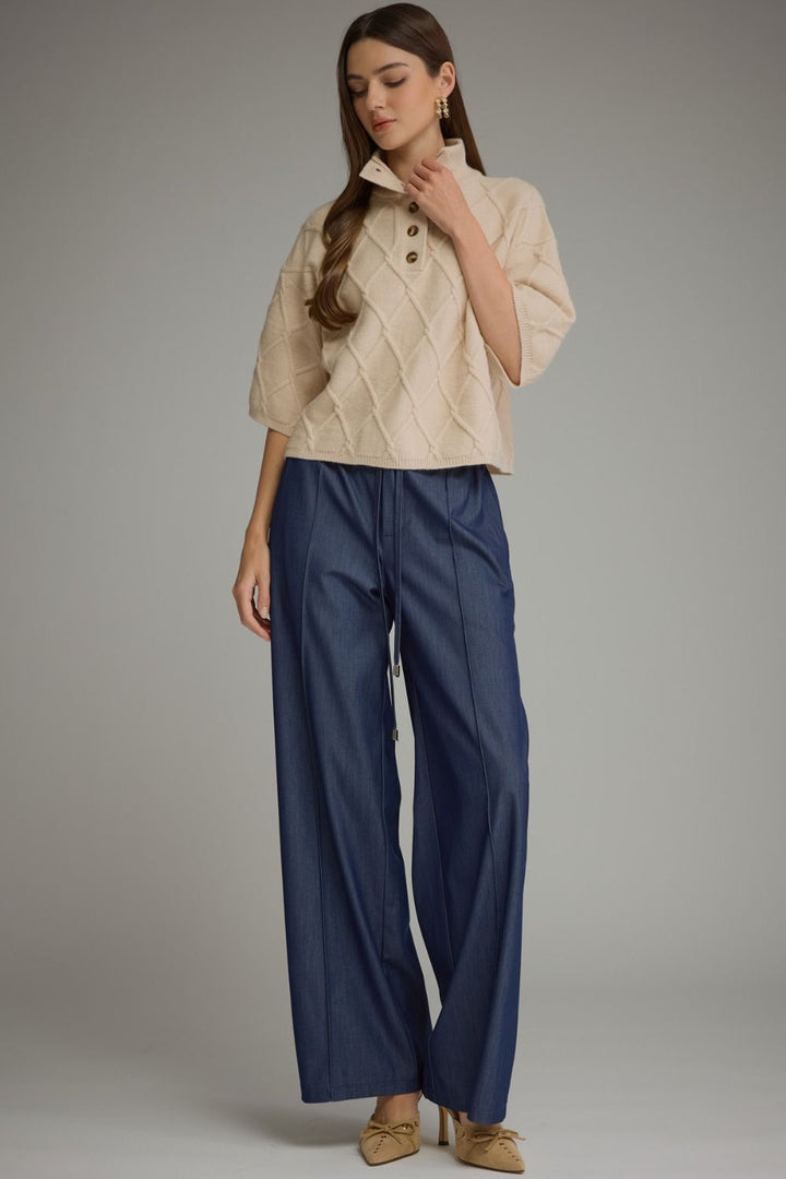 Liesel Cable Sweater in ecru, full-length view styled with wide-leg pants