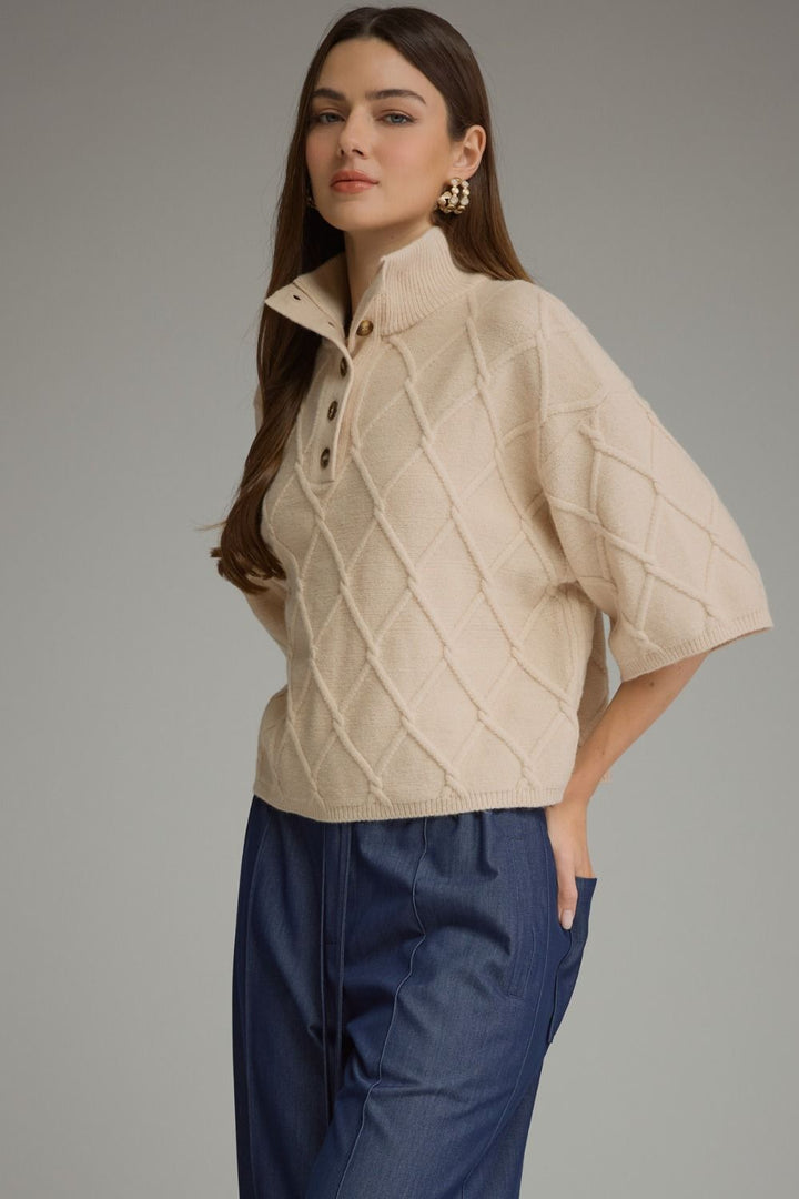 Liesel Cable Sweater in ecru, three-quarter front view