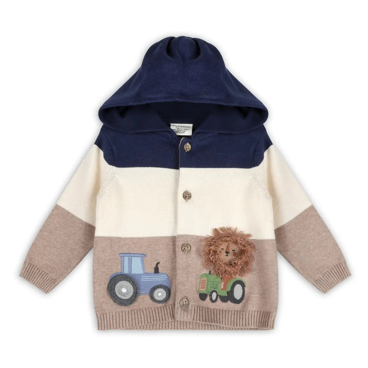 Lion Farm Truck Knit Baby Hooded Jacket in navy organic cotton knit by Viverano