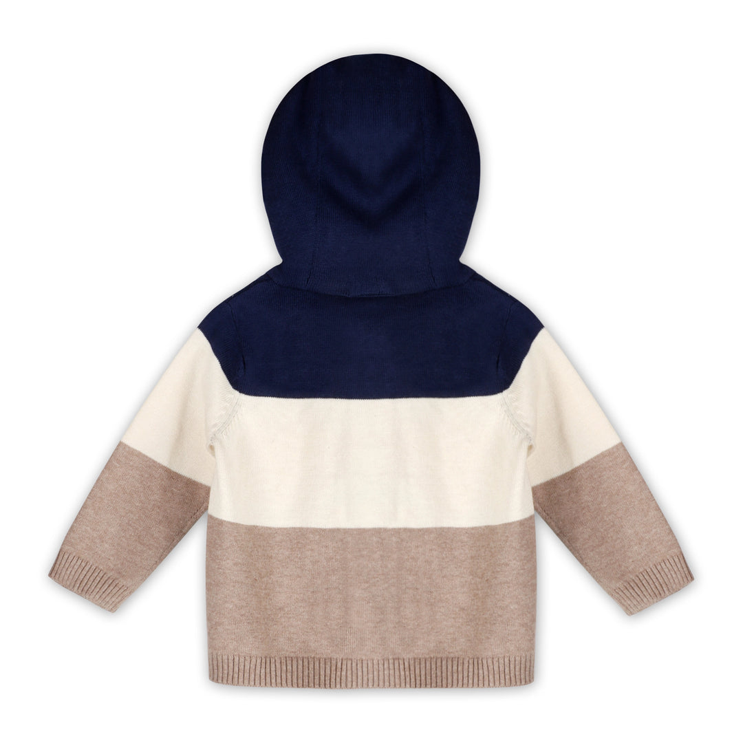 Organic cotton knit detail on navy lion farm truck baby jacket