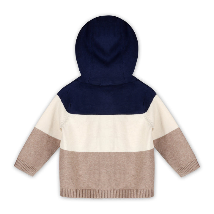 Organic cotton knit detail on navy lion farm truck baby jacket