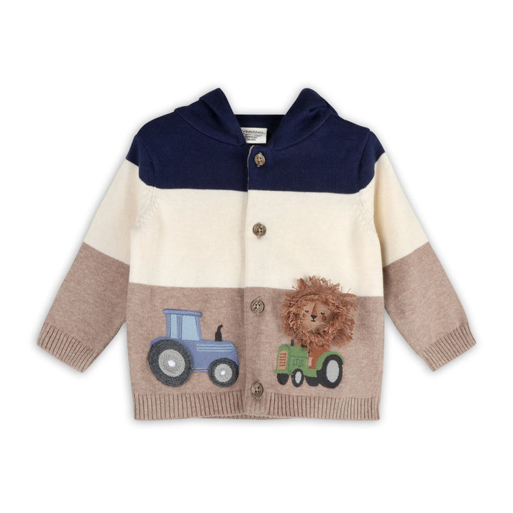 Lion Farm Truck organic cotton knit hooded jacket for babies in navy