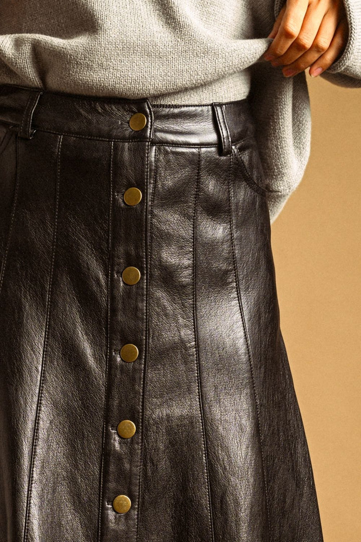Maxine Faux Leather Skirt in black, close-up of button front and paneled seams