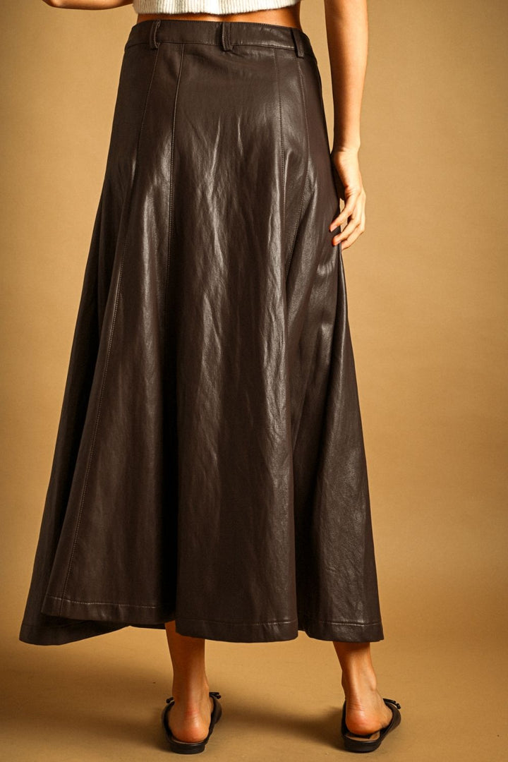 Maxine Faux Leather Skirt in brown, back view