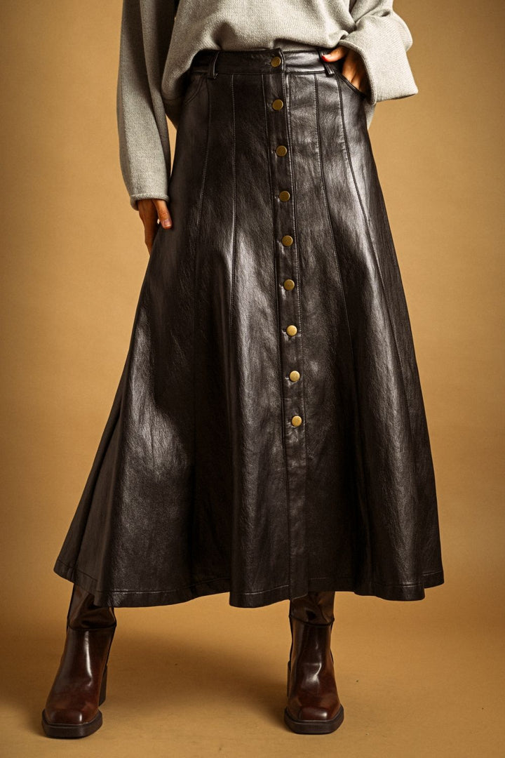 Maxine Faux Leather Skirt in brown, front view showing button front