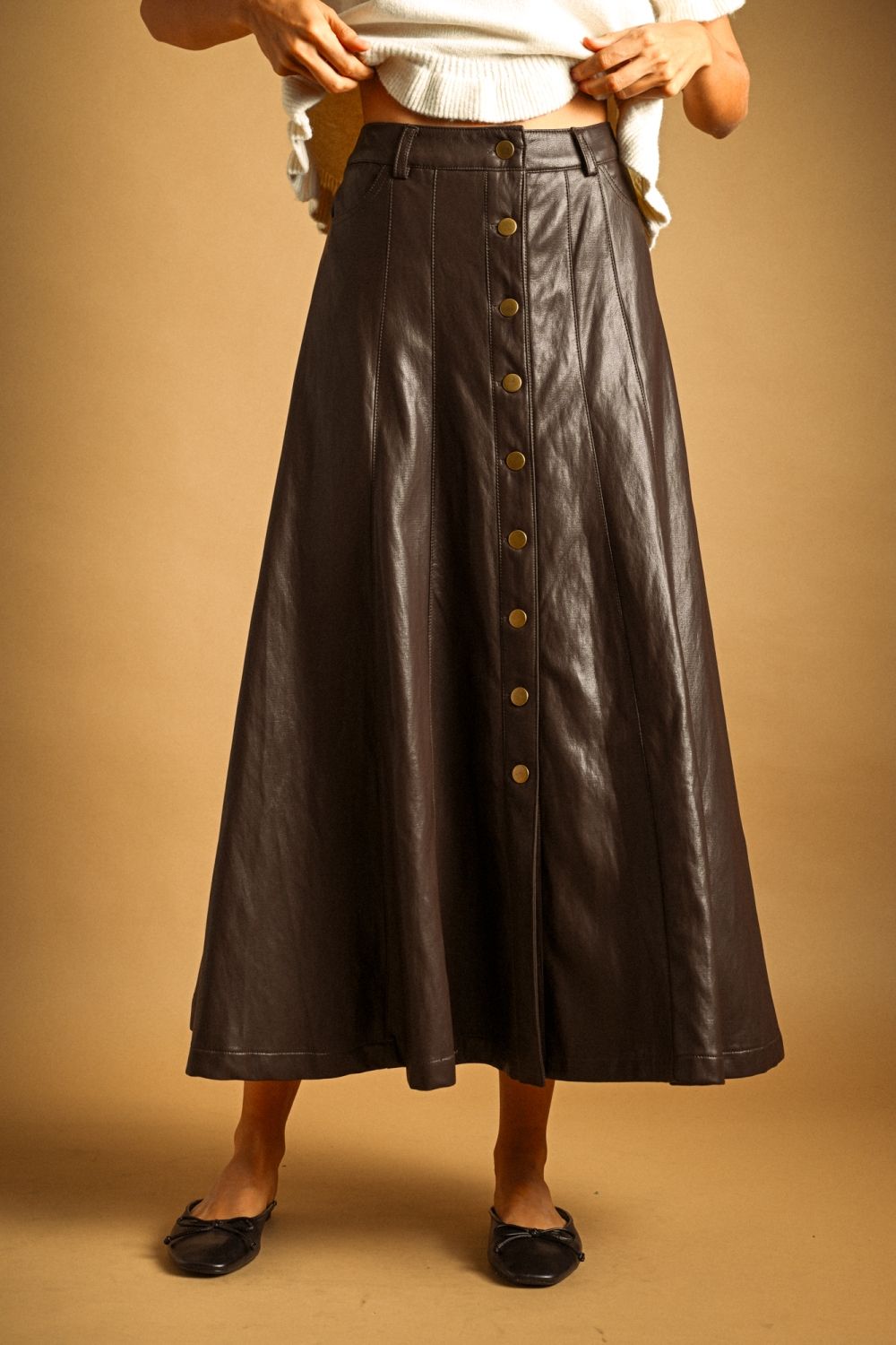 Maxine Faux Leather Skirt in brown, front view